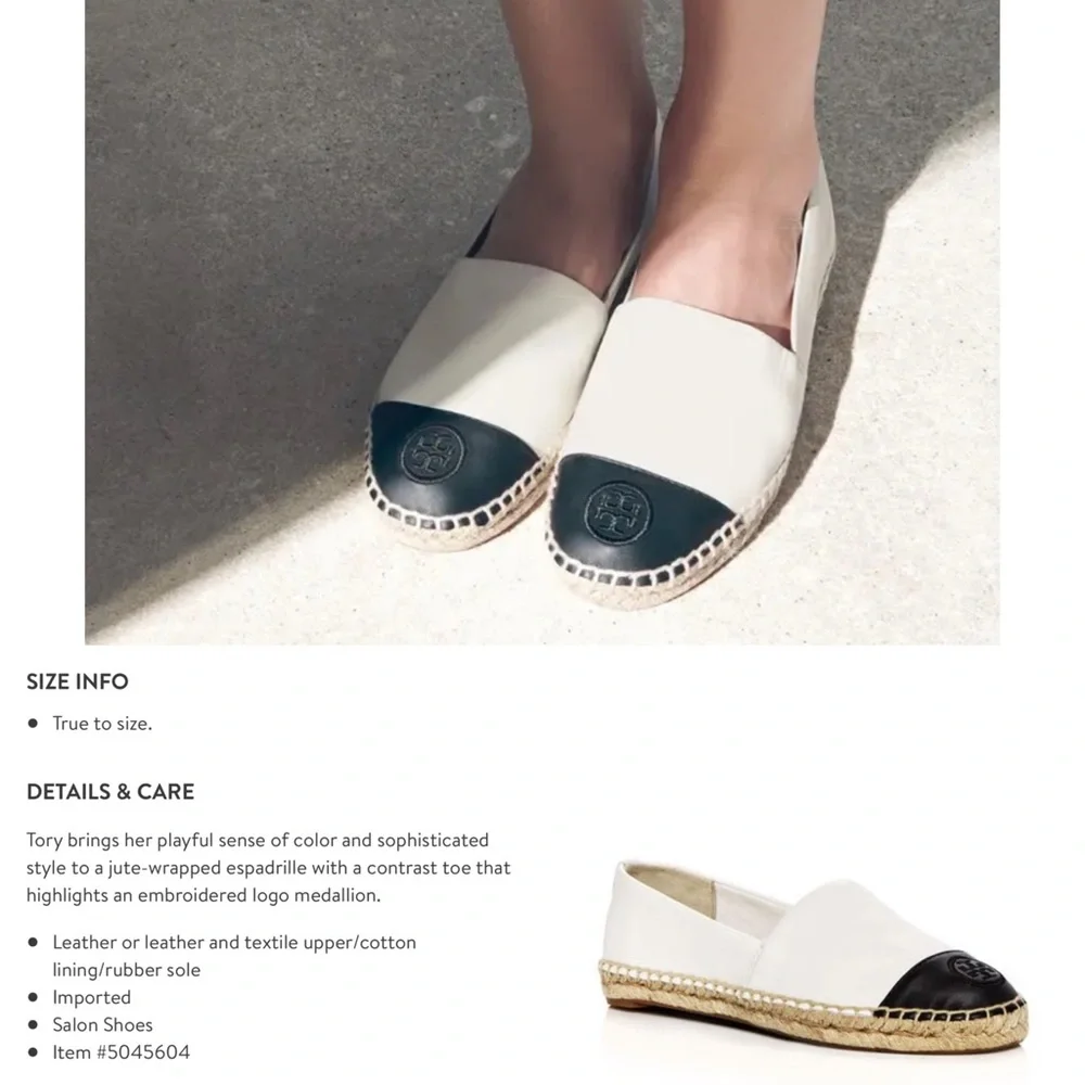 Tory Burch Color-Block Black/Cream Leather Espadrilles 6 Euro Summer Classic